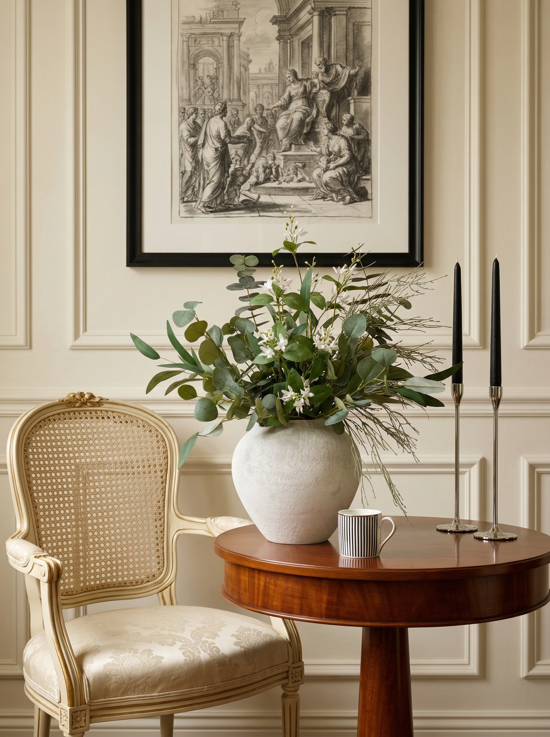 Decorative setting with a vase of flowers, chair, and table against a wall with framed artwork.